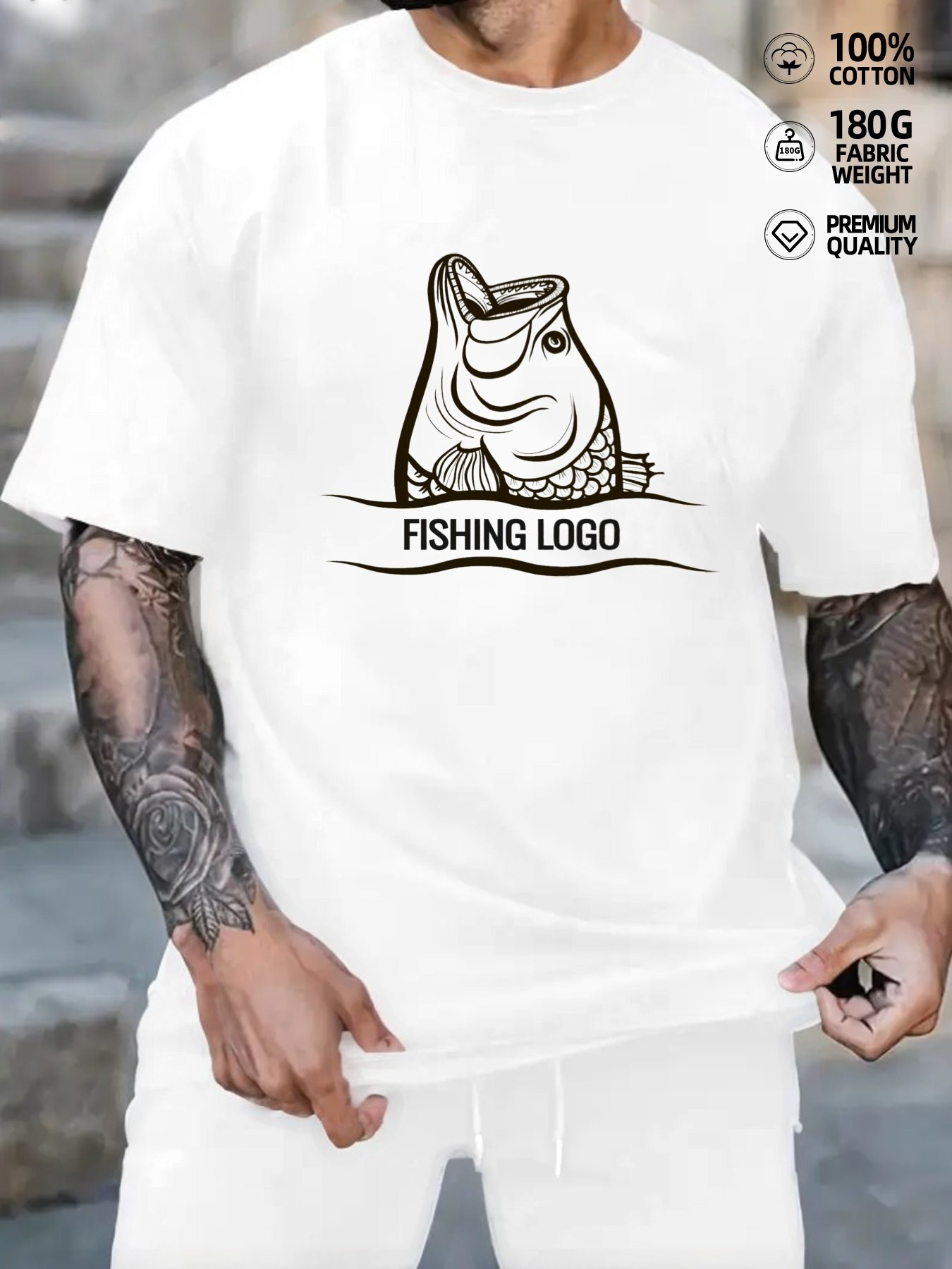 Men's Graphic T-Shirt Fishing Logo Amid Gentle Rippling Water With Smiling Cartoon Fish