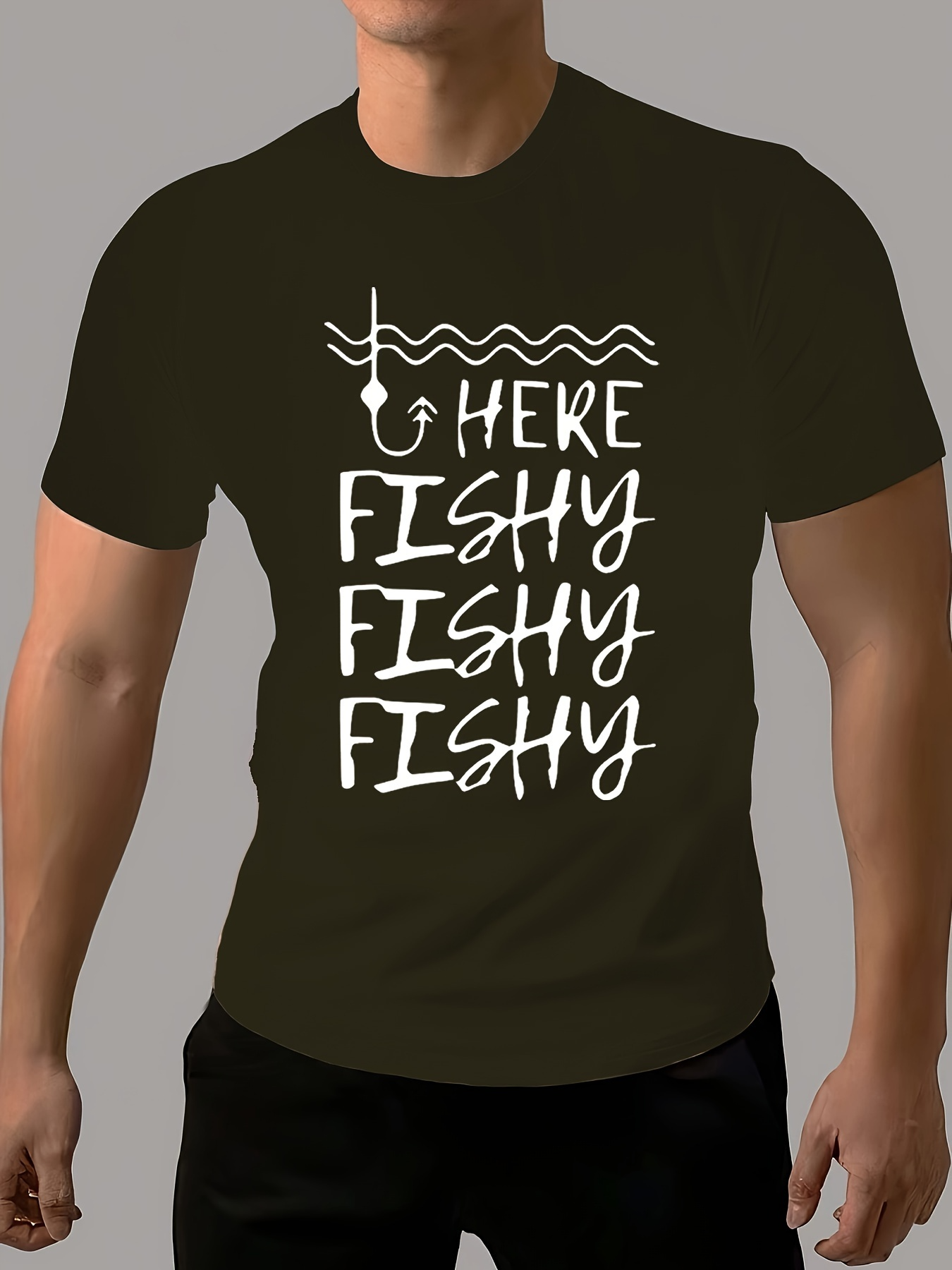 Men's Graphic T-Shirt Here Fishy Fishy Fishy With Fishing Line And Hook Illustration