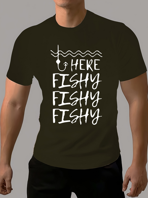 Men's Graphic T-Shirt Here Fishy Fishy Fishy With Fishing Line And Hook Illustration