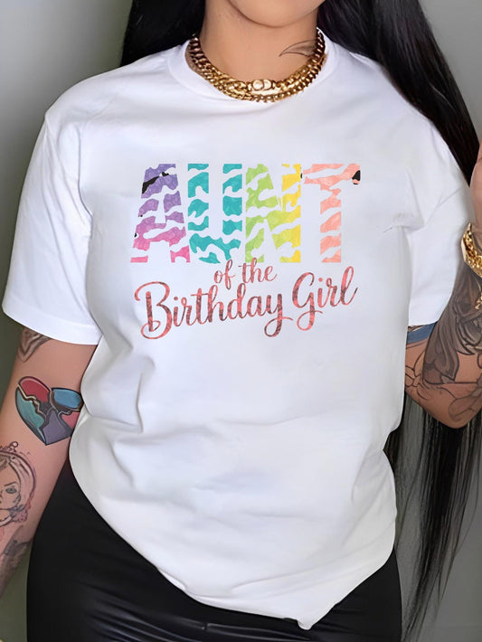 Women's Graphic T-Shirt Aunt Of The Birthday Girl Rainbow Animal Print Lettering T Shirt