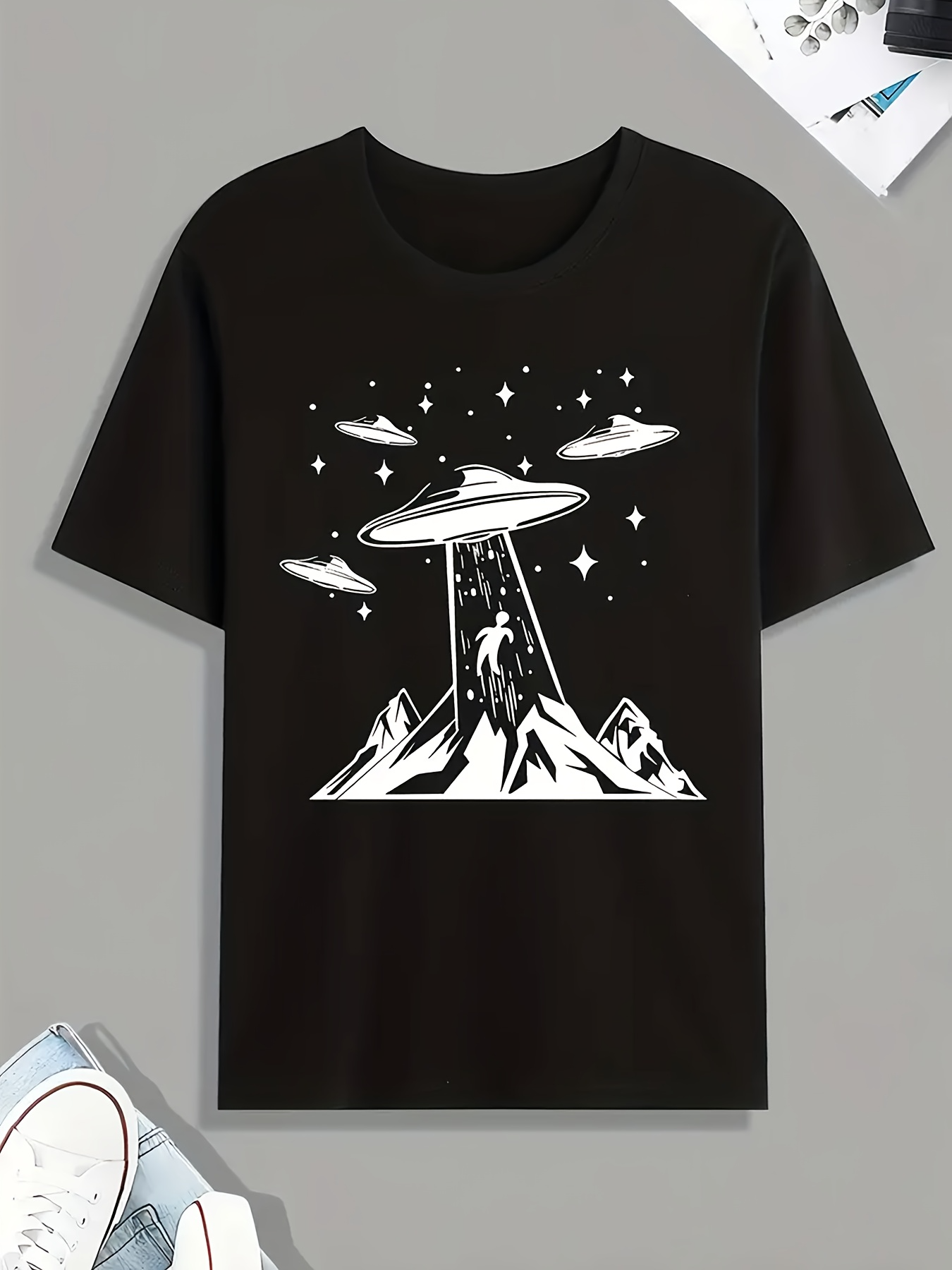 Men's Graphic T-Shirt Majestic Mountain Peaks Under Starry Sky With Alien Spaceships Abducting Human