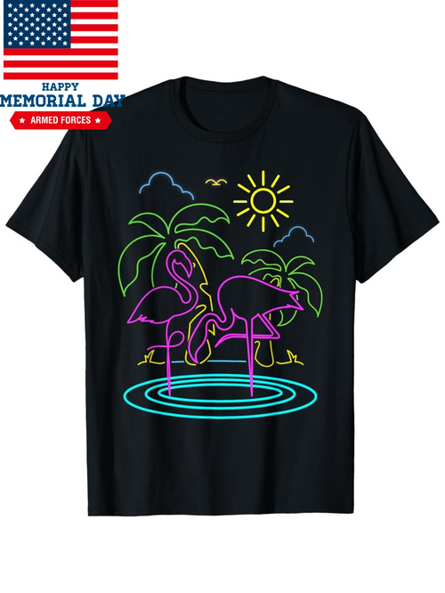 Men's Graphic T-Shirt Glowing Palm Trees Neon Rippling Water With Elegant Standing Flamingos