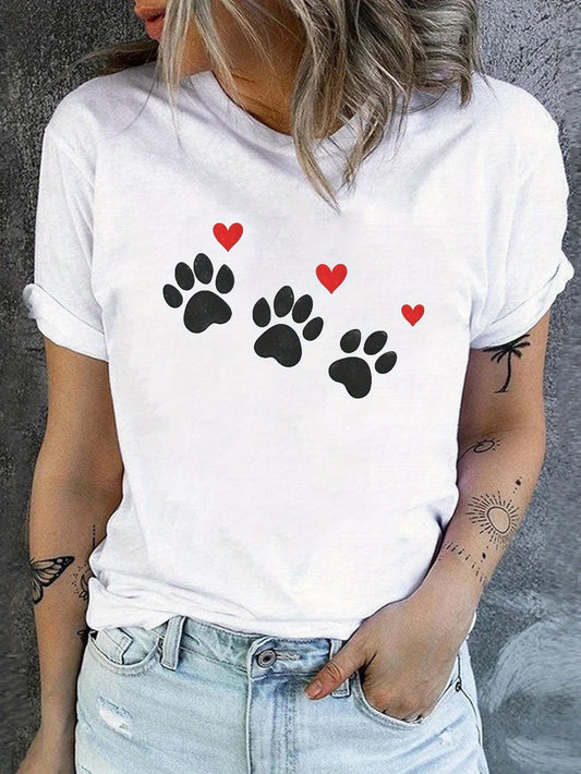 Women's Graphic T-Shirt Playful Hearts With Black Paw Prints Under Soft Red Love