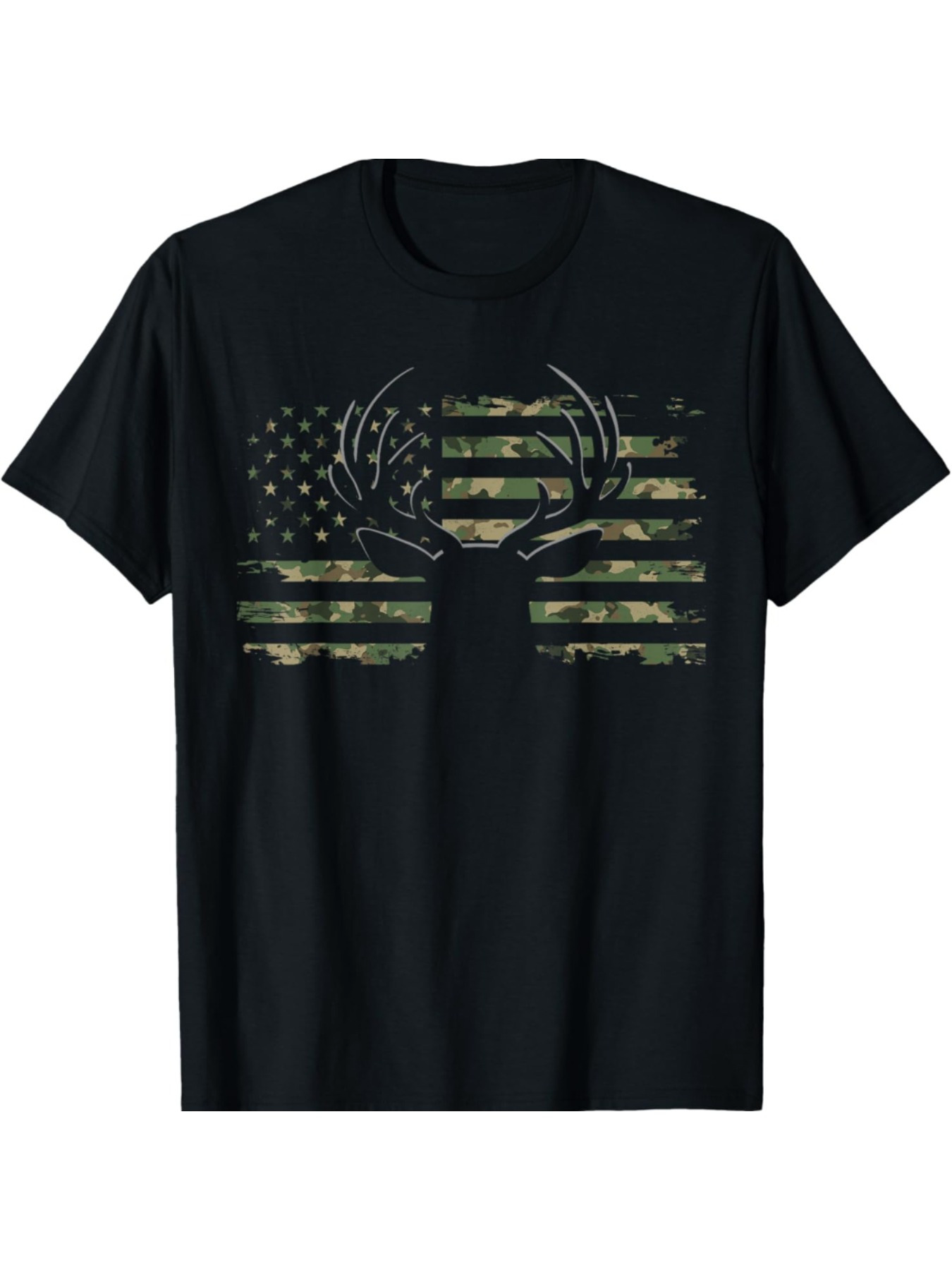 Men's Graphic T-Shirt Distressed Camouflage American Flag With Deer Antler Silhouette Design