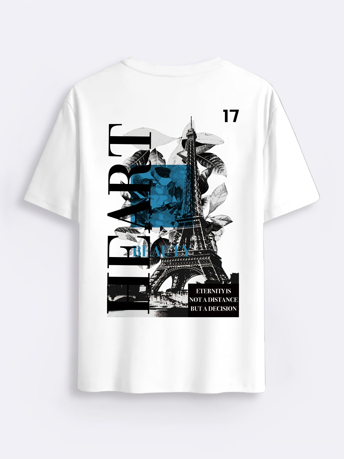 Men's Graphic T-Shirt Heart Blue Overlay With Paris Eiffel Tower At Urban Cityscape