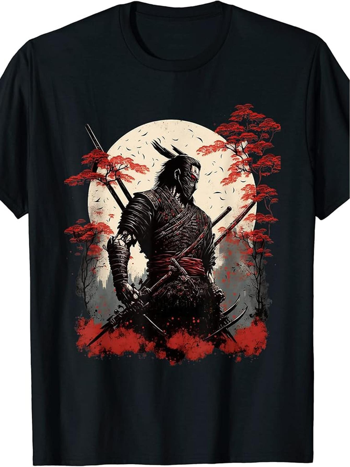 Men's Graphic T-Shirt Shadowed Warrior With Crimson Foliage Beneath A Glowing Full Moon Samurai