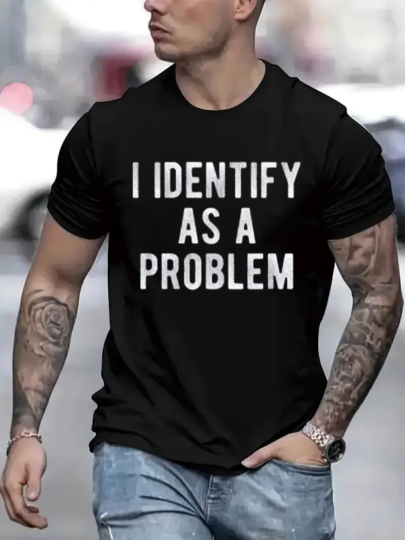 Men's Graphic T-Shirt I Identify As A Problem Bold White Letters On Black Cotton T Shirt