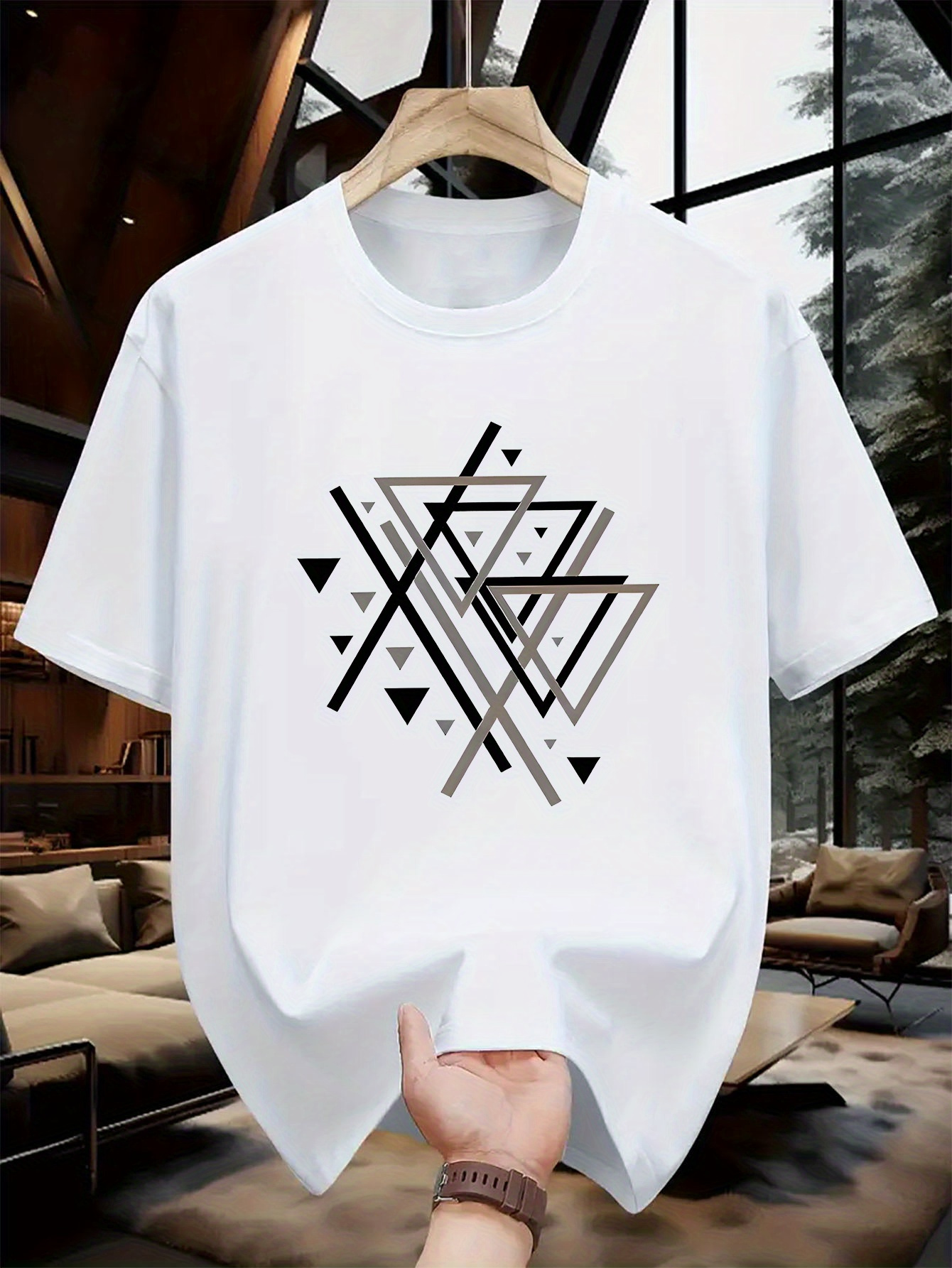 Men's Graphic T-Shirt Intersecting Black Lines With Geometric Abstract Shapes Design