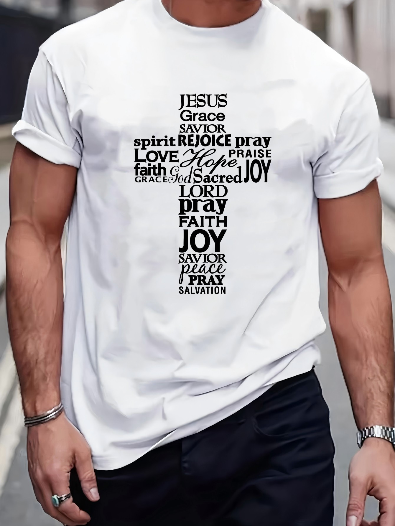 Men's Graphic T-Shirt Faith Hope And Joy Words Arranged In A Cross Shape
