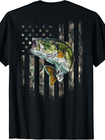 Men's Graphic T-Shirt Patriotic Camouflage Stars And Stripes With Largemouth Bass Fish
