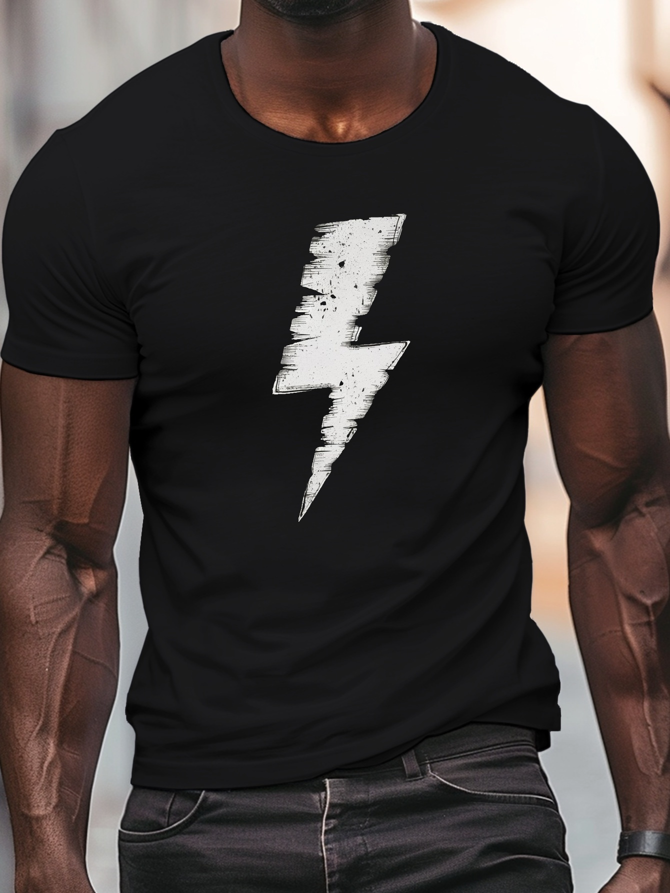 Men's Graphic T-Shirt Distressed White Grunge Lightning Bolt Printed Bold Minimalist Shirt