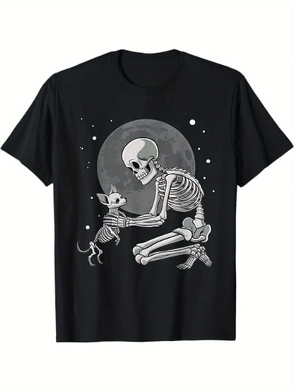 Men's Graphic T-Shirt Full Moon Night With Kneeling Skeleton And Curious Cat