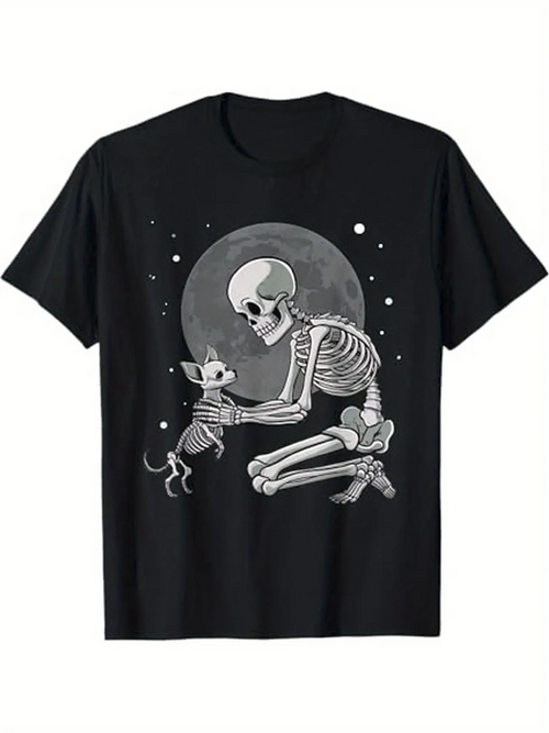 Men's Graphic T-Shirt Full Moon Night With Kneeling Skeleton And Curious Cat