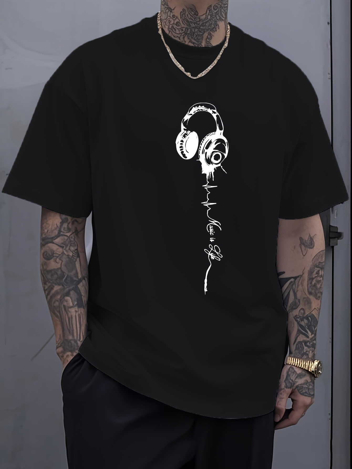Men's Graphic T-Shirt Stylized Headphones With Audio Cable Flowing Down Shirt