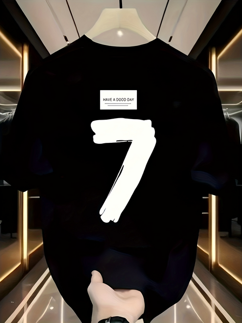 Men's Graphic T-Shirt Large White Painted Number Seven On Black Minimalist T Shirt