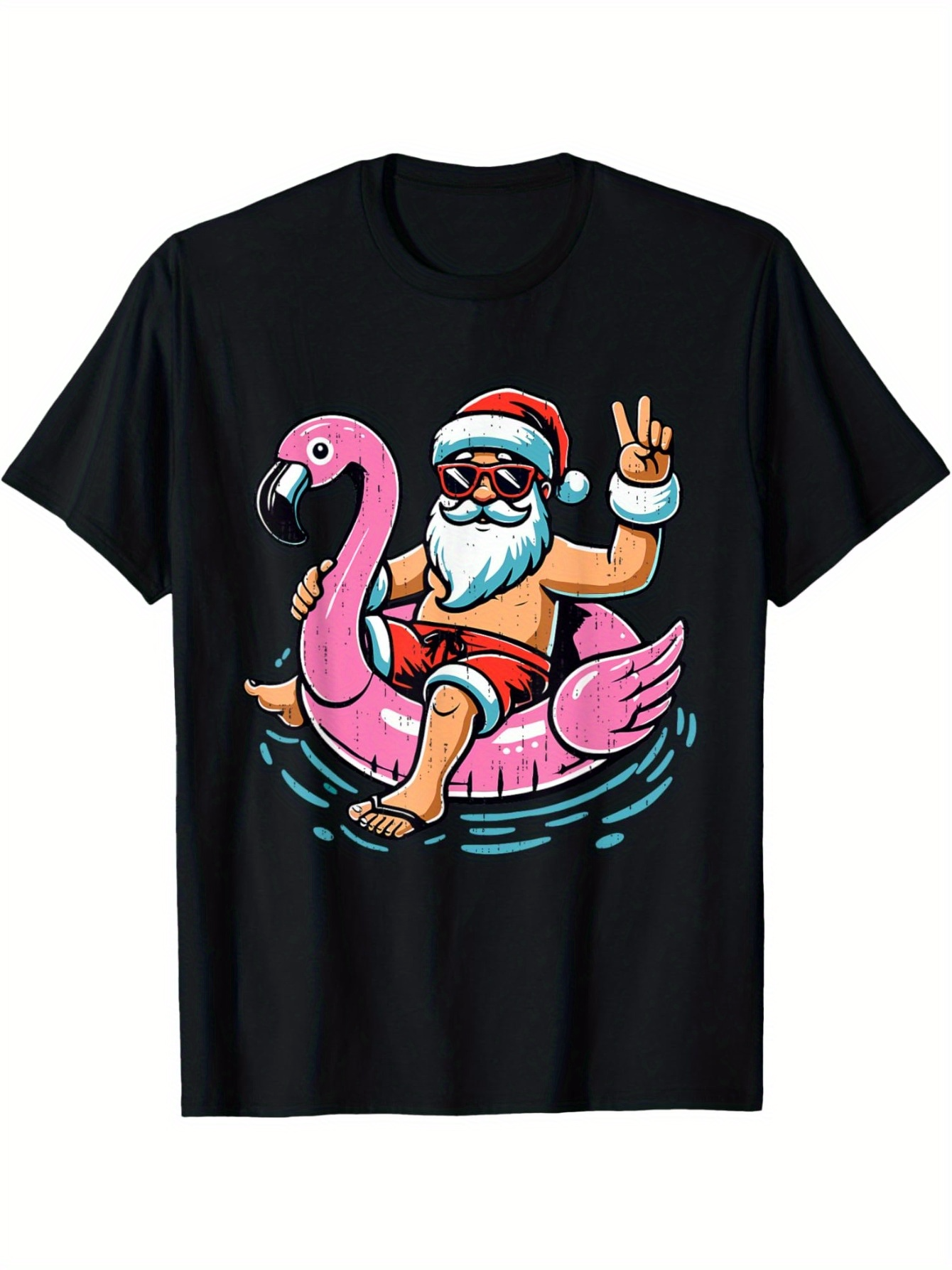 Men's Graphic T-Shirt Relaxed Santa In Sunglasses Sitting On Pink Flamingo Pool Float