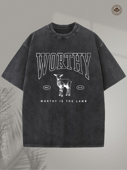 Men's Graphic T-Shirt Worthy The Lamb Textured Lettering With Standing Young Goat