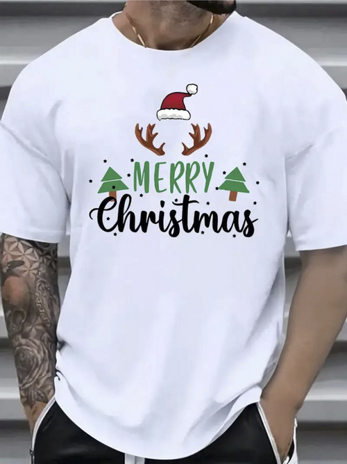 Men's Graphic T-Shirt Merry Christmas Santa Hat And Reindeer Antlers With Festive Holiday Trees