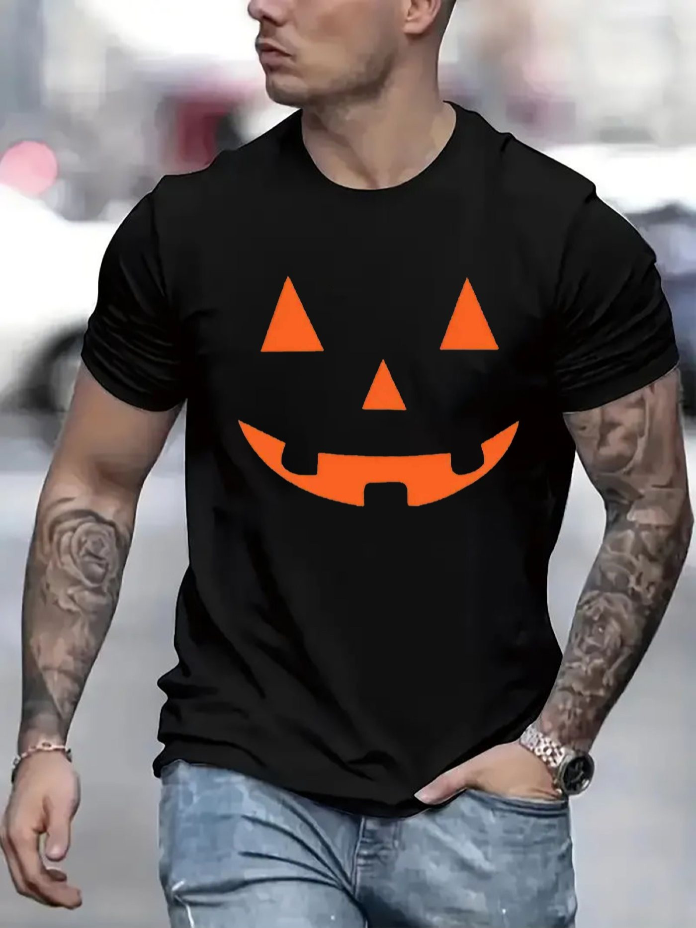 Men's Graphic T-Shirt Happy Simple Pumpkin Face With Orange Smiling Expression Jackolantern