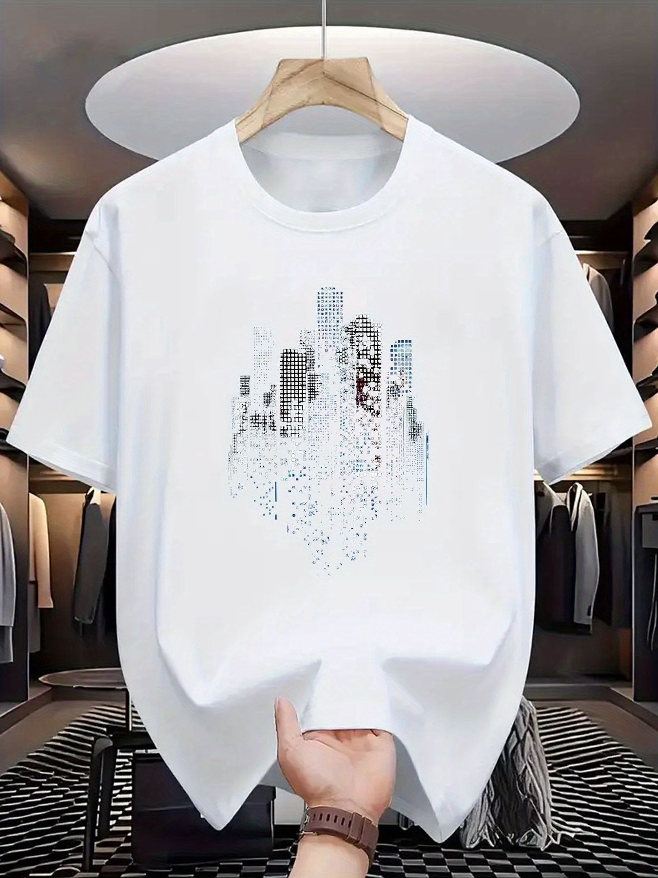 Men's Graphic T-Shirt Urban Skyline Reflected Among Abstract Geometric Shapes Cityscape