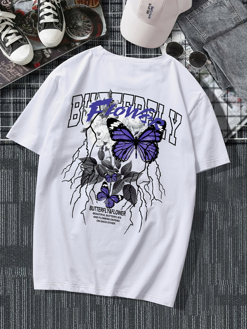 Men's Graphic T-Shirt Butterfly Flowers Surreal Purple Accents Among Branches With Skull Butterfly