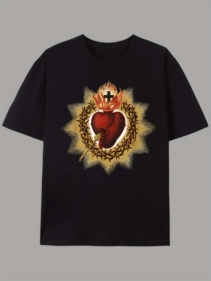 Men's Graphic T-Shirt Radiant Golden Flames Embracing Fiery Heart Surrounded By Thorns