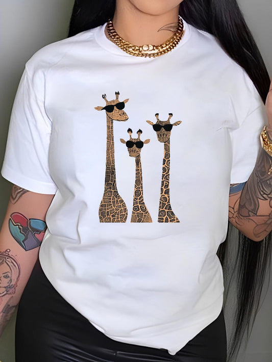 Women's Graphic T-Shirt Cool Giraffes Wearing Sunglasses Standing Side By Side Family