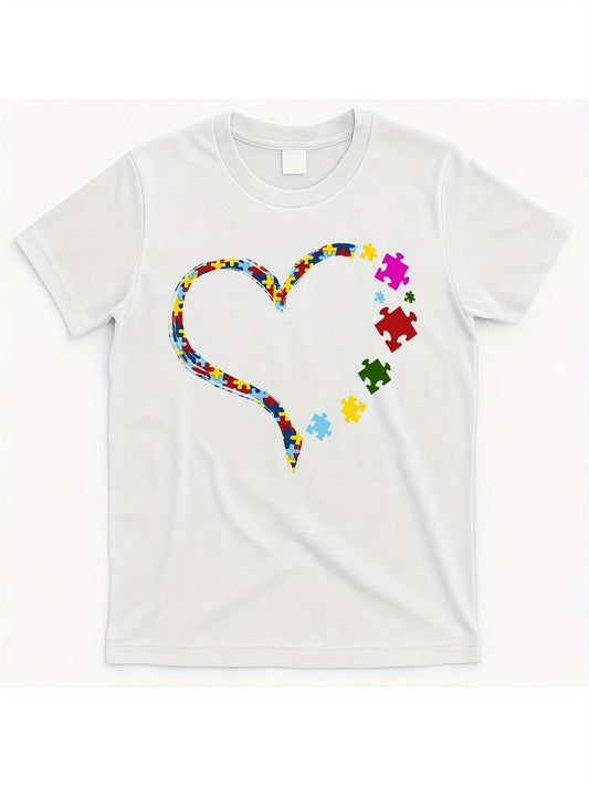 Women's Graphic T-Shirt Colorful Puzzle Pieces Forming An Abstract Curved Heart Shape