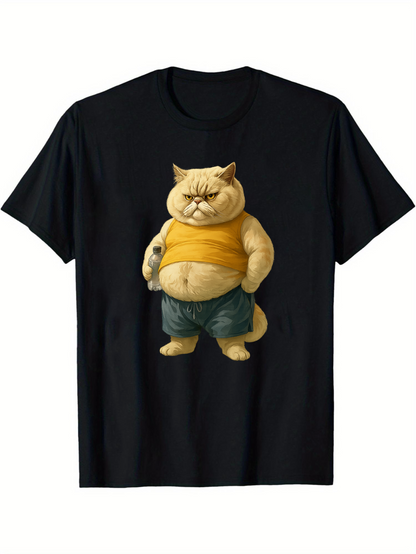Men's Graphic T-Shirt Chubby Cartoon Cat With Yellow Tank Top Shorts Moody Stance Standing Upright Furry Character