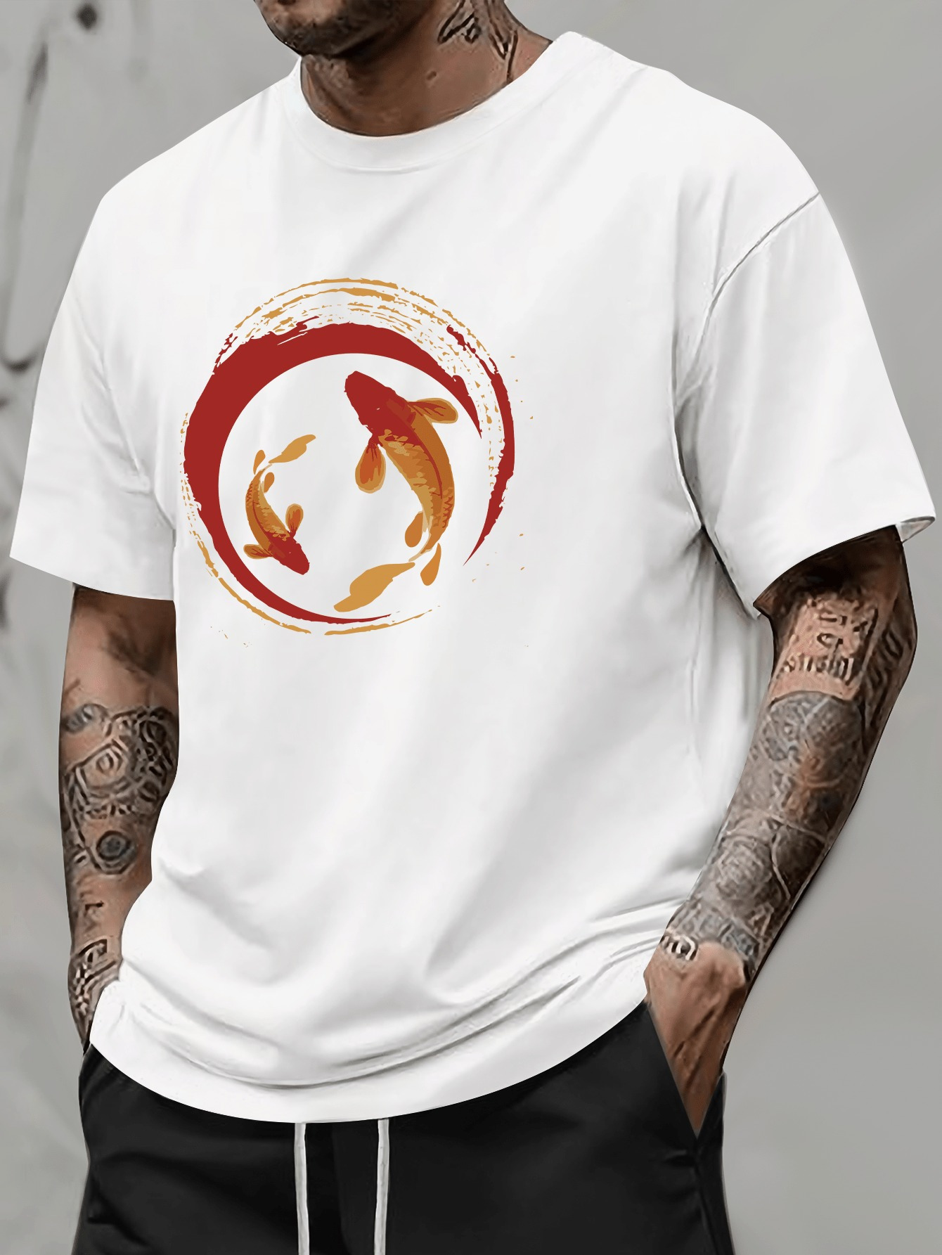 Men's Graphic T-Shirt Artistic Red Brushstrokes With Vibrant Swimming Golden Orange Koi Fish