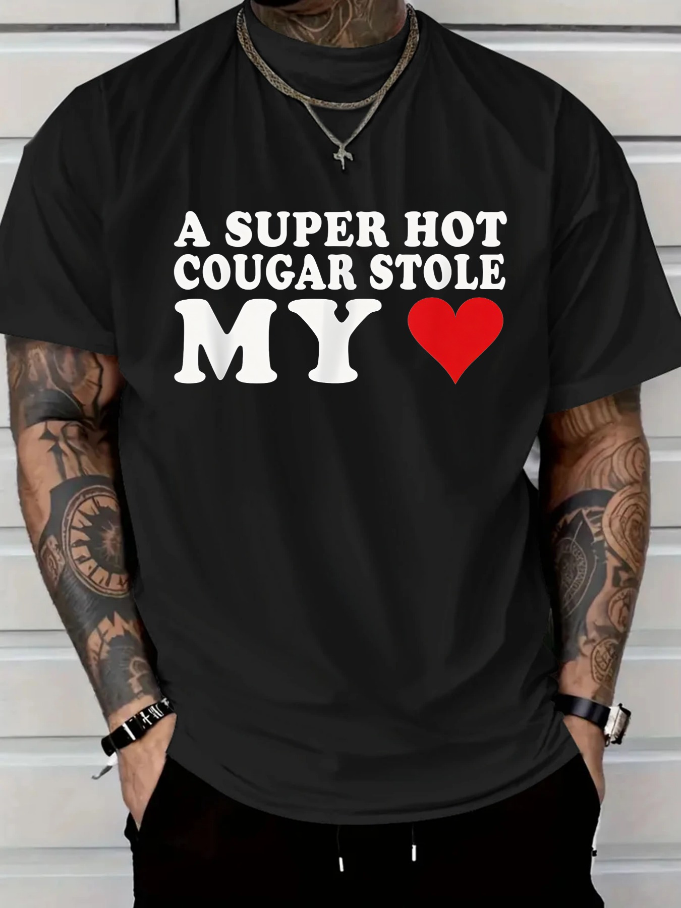 Men's Graphic T-Shirt A Super Hot Cougar Stole My Heart Among Playful Contrasting Lettering On Black T Shirt