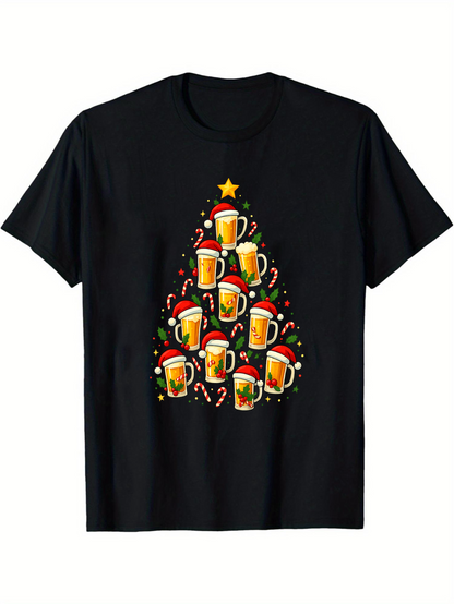 Men's Graphic T-Shirt Sparkling Lights And Santa Hats Forming Festive Holiday Beer Tree