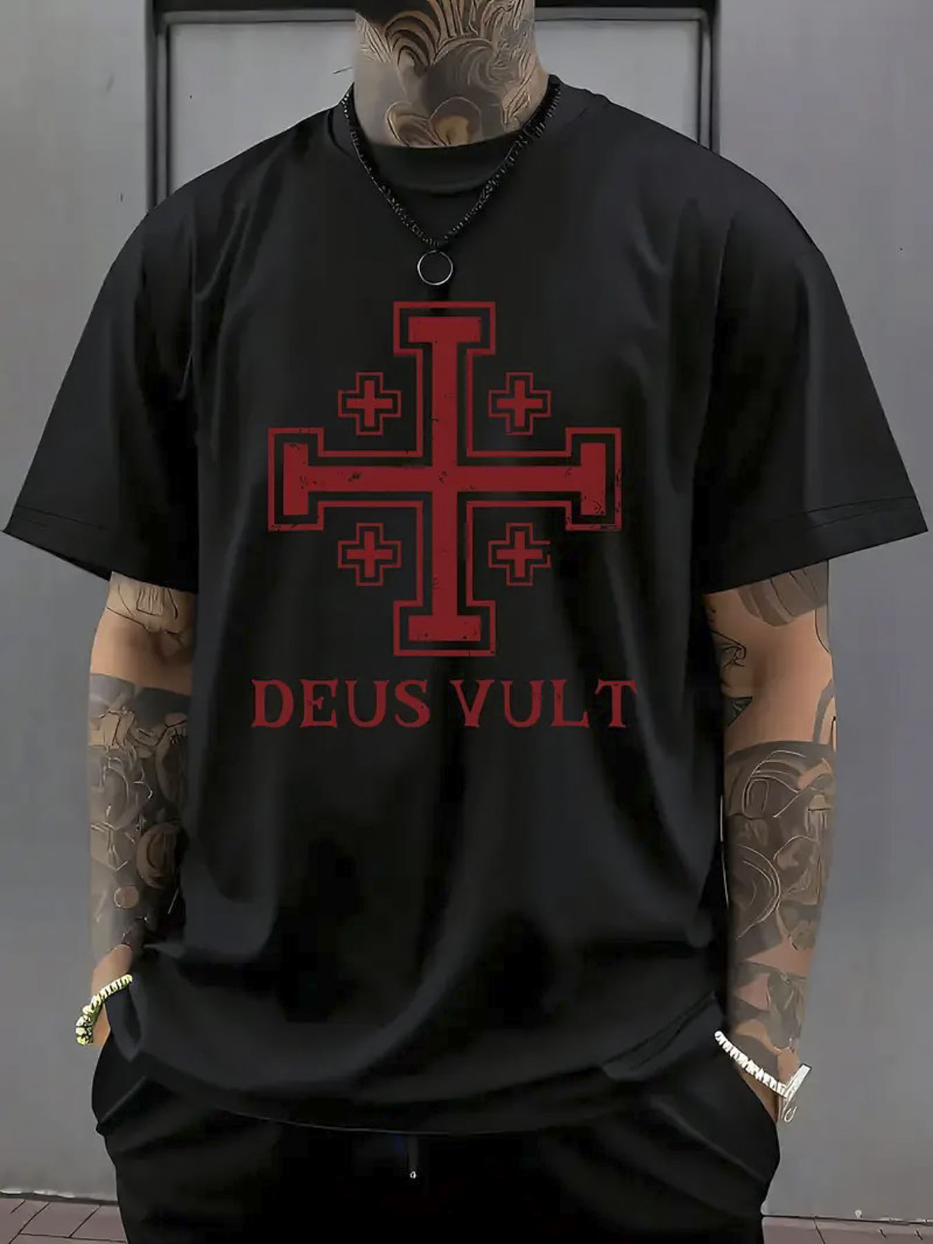 Men's Graphic T-Shirt Deus Vult Red Symbolic Cross With Medieval Graphic Elements