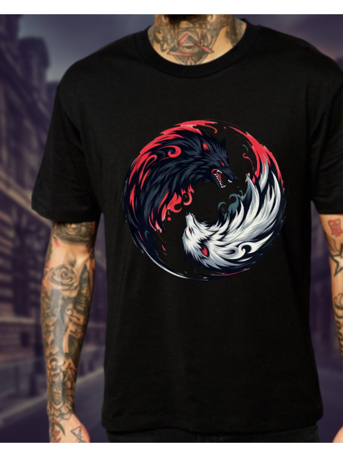 Men's Graphic T-Shirt Dynamic Opposing Wolves In Fiery And Icy Whirl Wind Circle