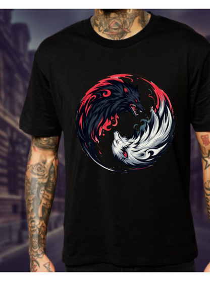Men's Graphic T-Shirt Dynamic Opposing Wolves In Fiery And Icy Whirl Wind Circle