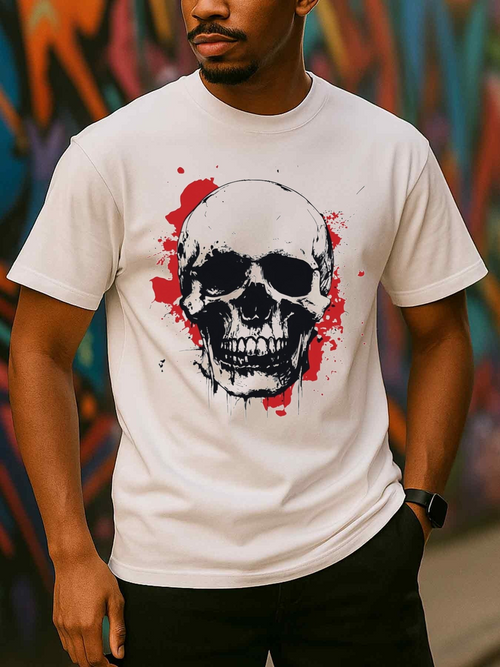 Men's Graphic T-Shirt Splashing Abstract Ink With Red Paint Behind Skull