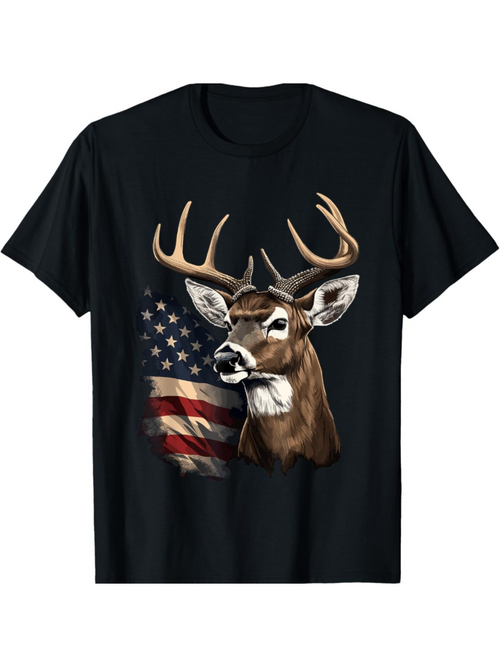 Men's Graphic T-Shirt Proud Whitetail Deer With Flowing American Flag Background