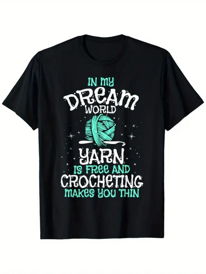Men's Graphic T-Shirt In My Dream World With Scattered Stars Featuring Yarn Ball And Crochet Needles