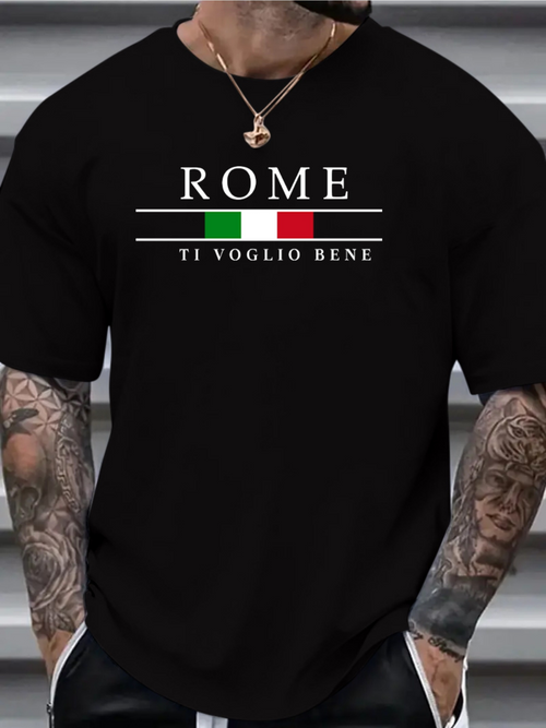 Men's Graphic T-Shirt Rome With Green White Red Stripes And Clean Lettering On Black Shirt