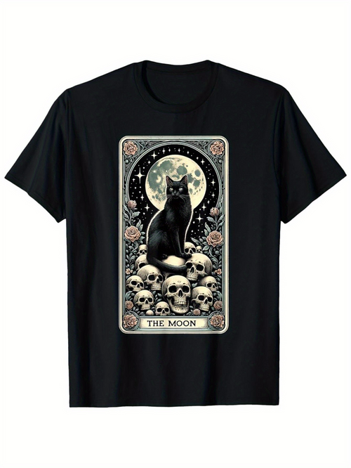 Men's Graphic T-Shirt The Moon Black Cat Surrounded By Skulls Roses And Starry Night Moon