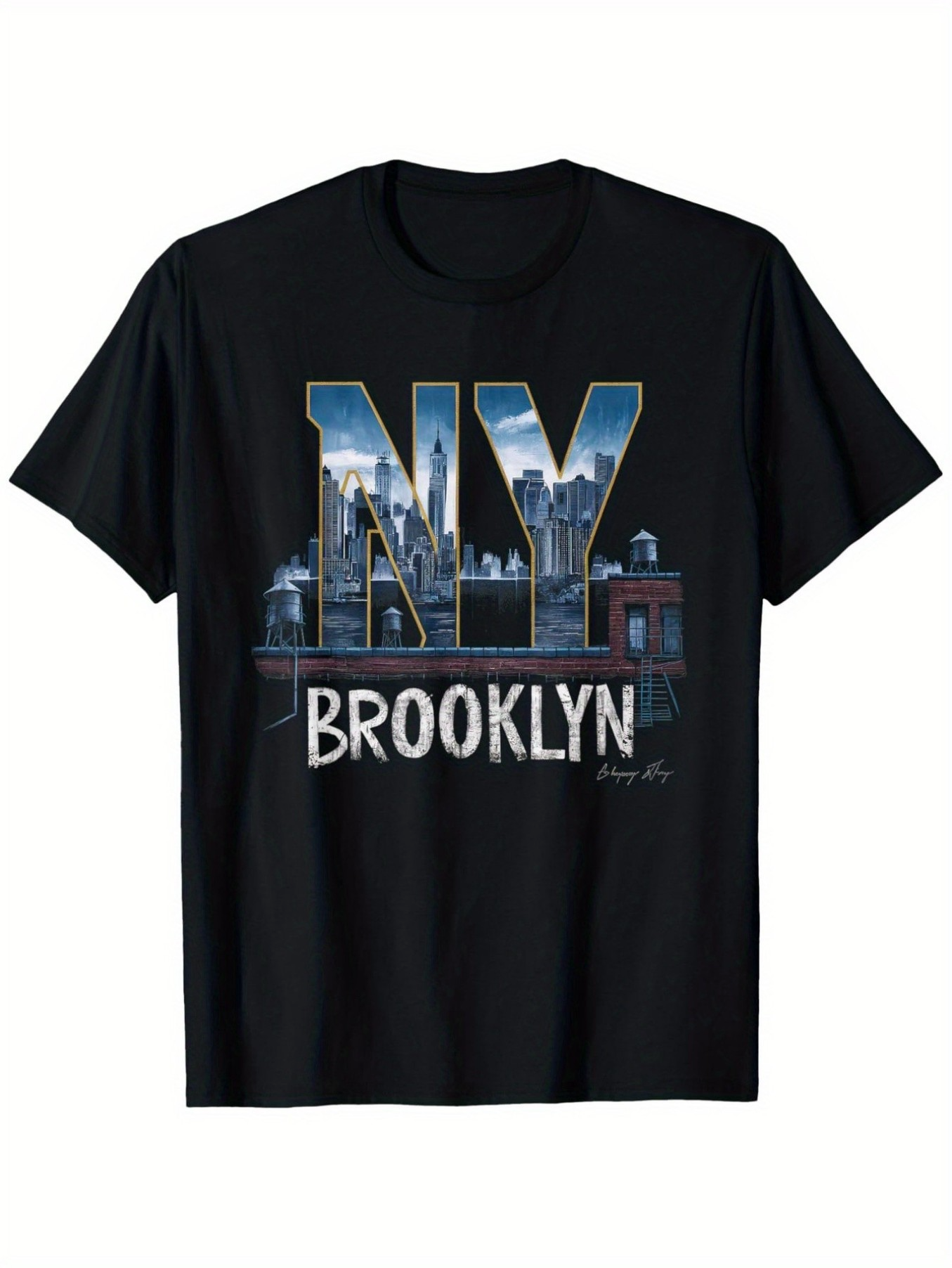 Men's Graphic T-Shirt Night Skyline With Illuminated NYC Letters Featuring Brooklyn Bridge And City Buildings