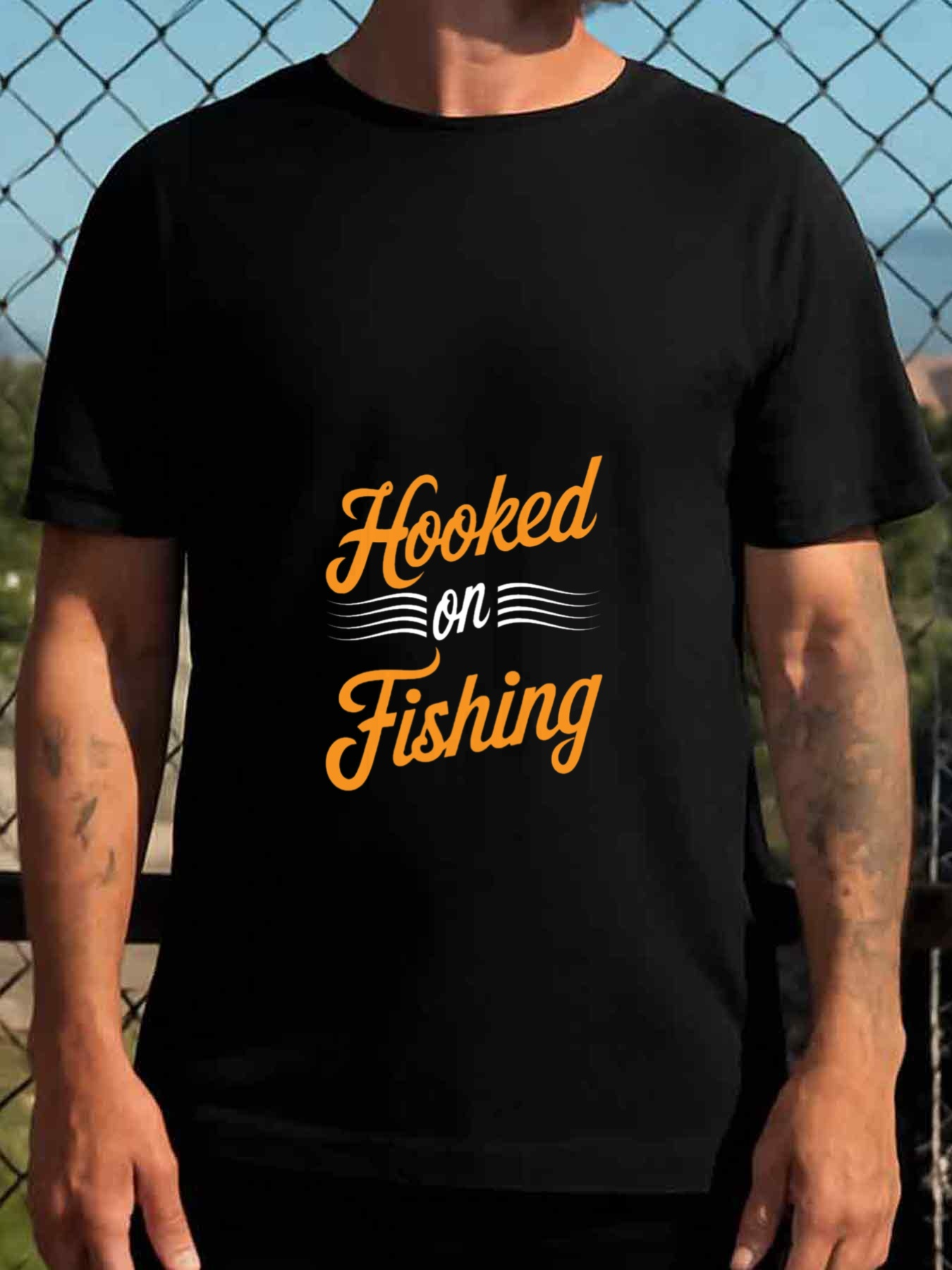 Men's Graphic T-Shirt Hooked On Fishing Curved Yellow Lettering With Subtle White Waves Fishing