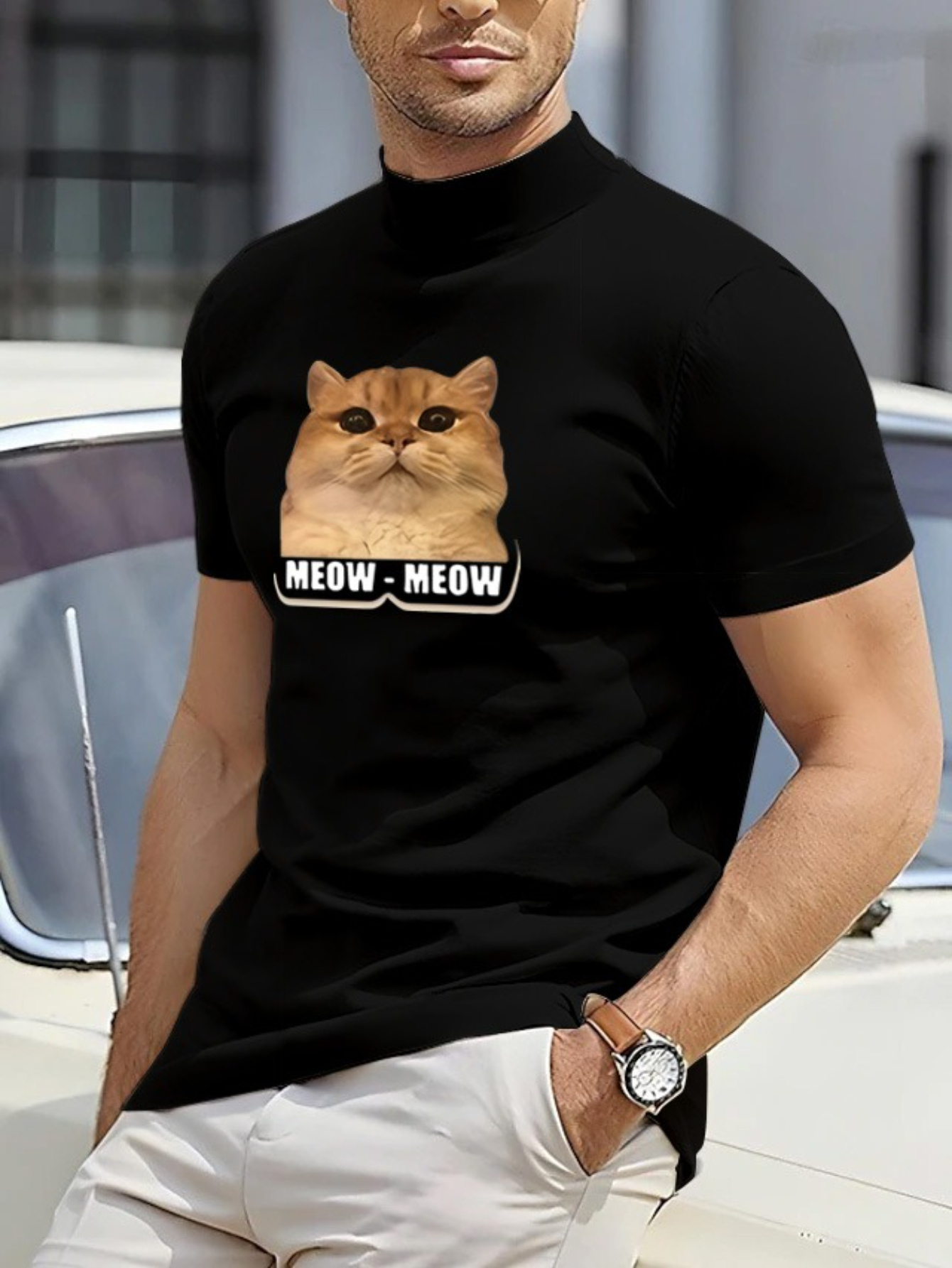 Men's Graphic T-Shirt Meow Meow Cute Brown Cat With Playful Wide Eyes Staring Quietly