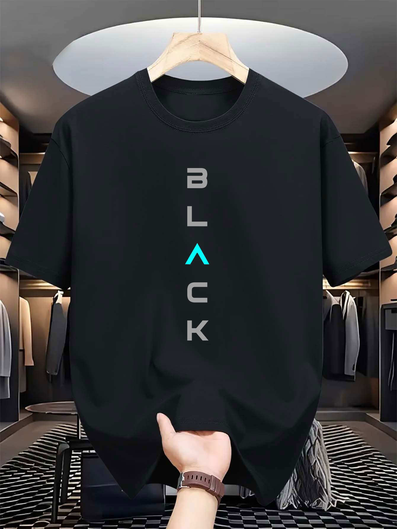 Men's Graphic T-Shirt Minimalist Stylish Lettering Vertical Typography With Modern Neon Accents Black