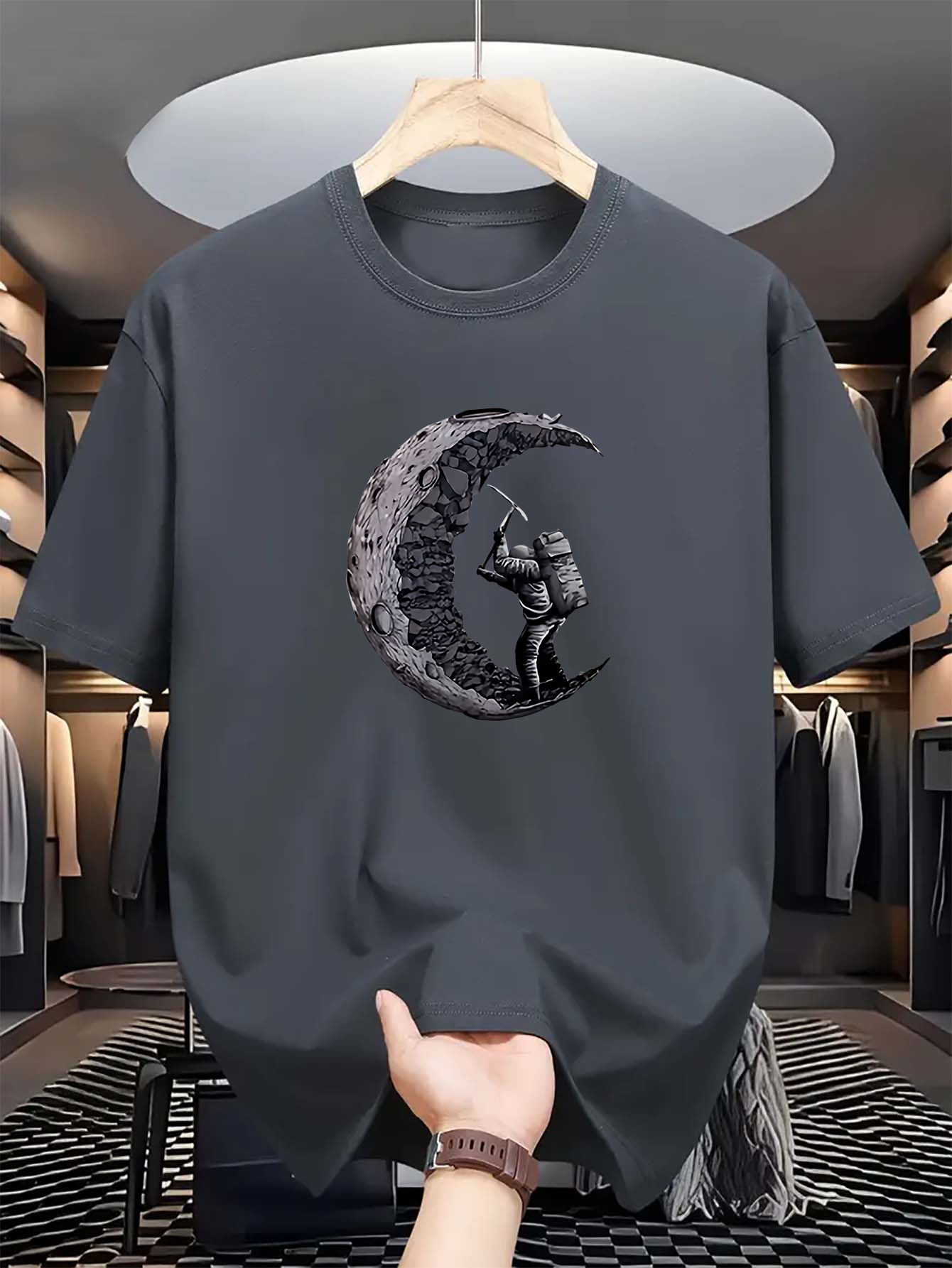 Men's Graphic T-Shirt Astronaut Reaching For Crescent Moon Under Starry Sky