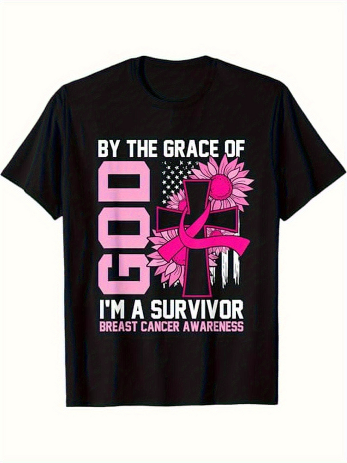 Men's Graphic T-Shirt By The Grace Of God Pink Ribbon Floral Cross With United States Flag