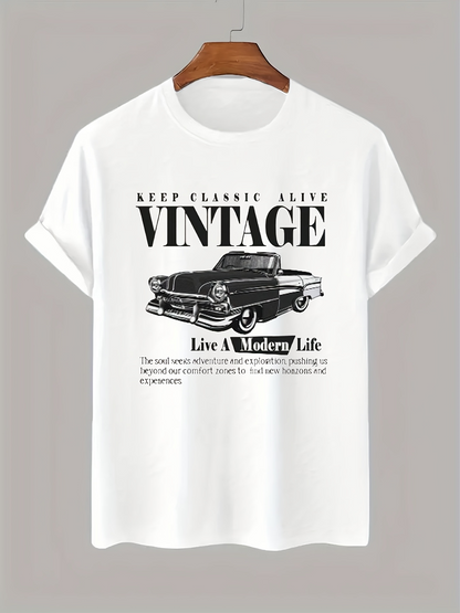 Men's Graphic T-Shirt Keep Classic Alive Vintage Text With Retro Car Drawing Featuring Oldtimers