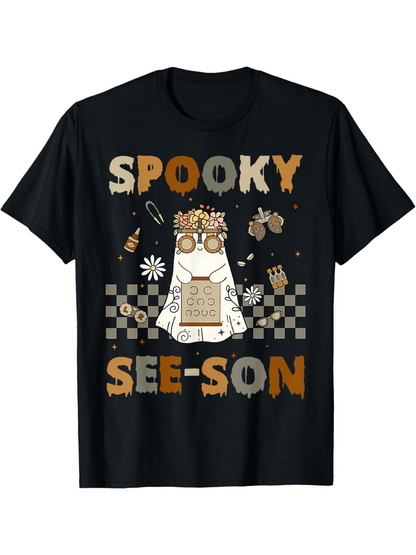 Men's Graphic T-Shirt Spooky See Son Halloween Themed Cartoon Cat Surrounded By Fall Leaves