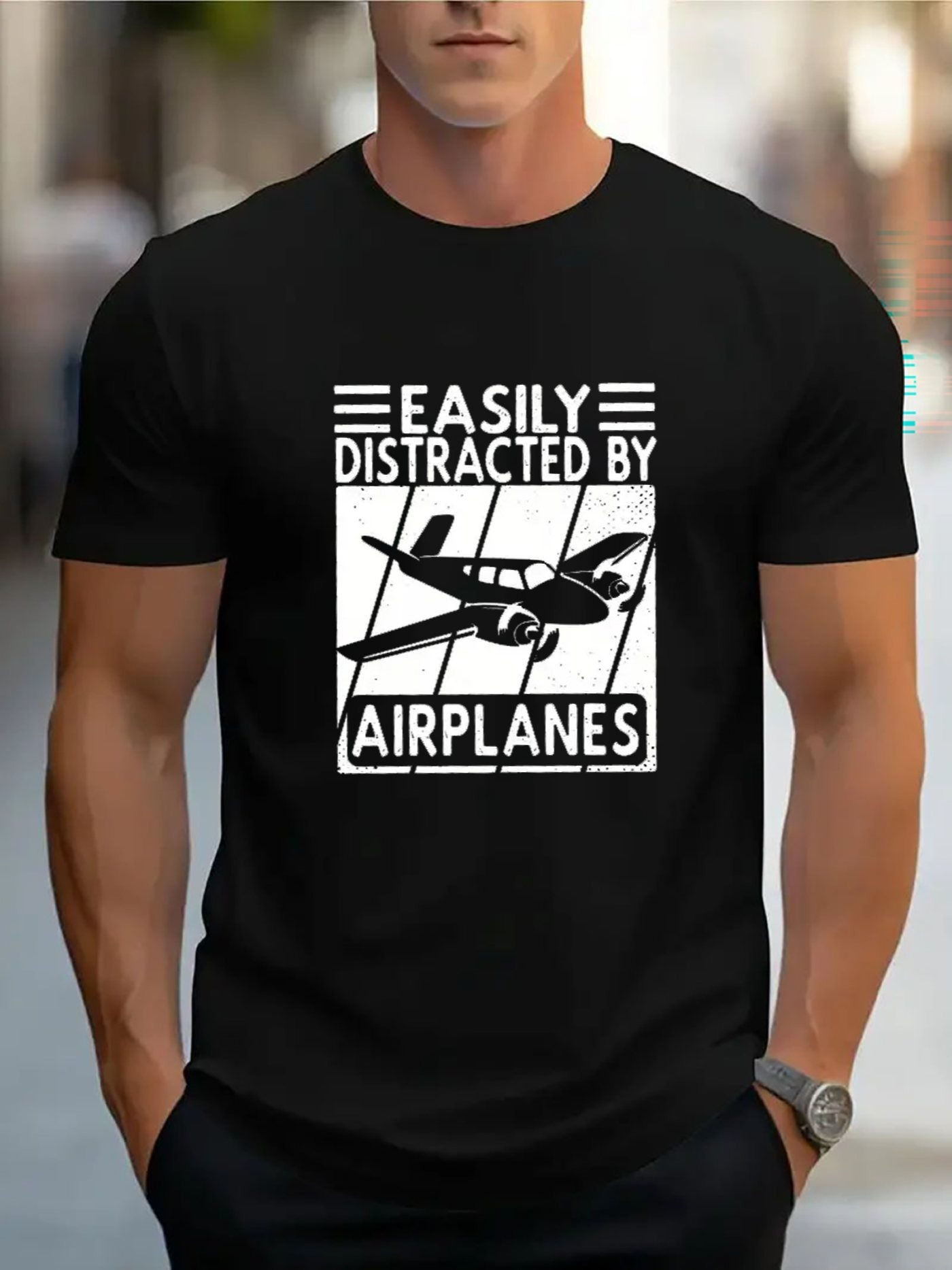 Men's Graphic T-Shirt Easily Distracted By Window View Featuring Bold Plane Silhouette Airplane