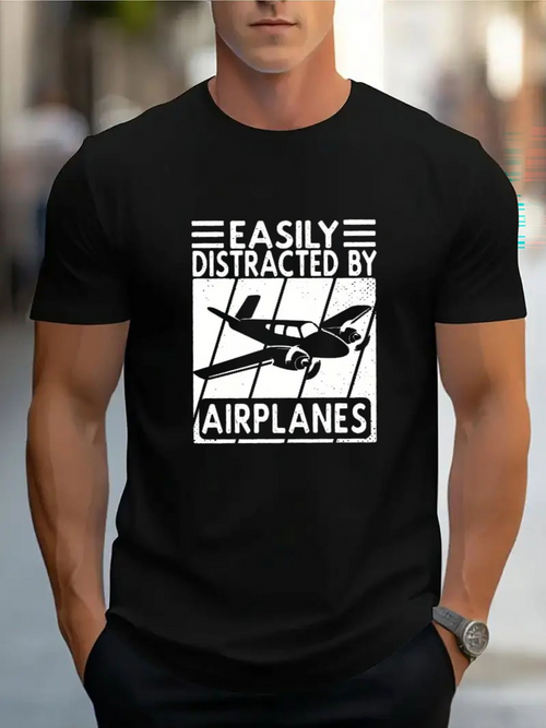 Men's Graphic T-Shirt Easily Distracted By Window View Featuring Bold Plane Silhouette Airplane